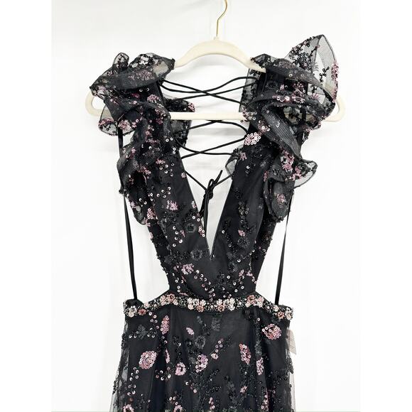 Mac Duggal 68043 Black Pink Beaded Lace Up Ruffle Gown Dress 4 NEW - Picture 3 of 8